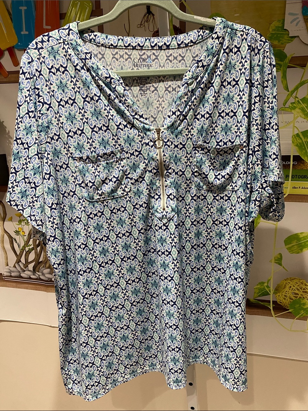 croft & barrow Blue and Aqua Tile-Print Zip Front Top